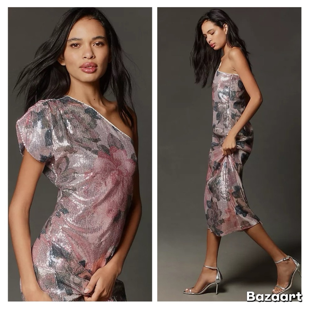 NWT Porridge One-Shoulder Floral Sequin Maxi Dress Sz L